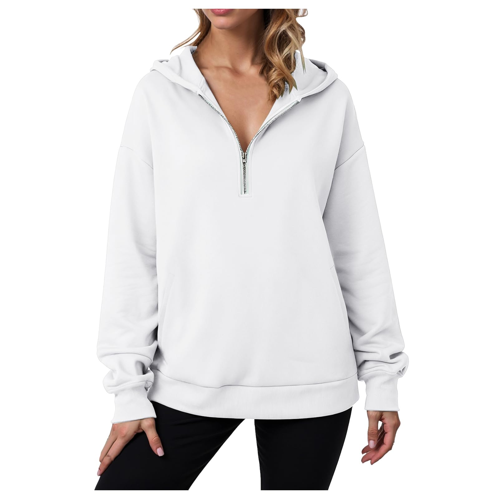 Felpa Oversize con Cappuccio e Mezza Zip da Donna con Tasche Laterali Felpa in Maglia
