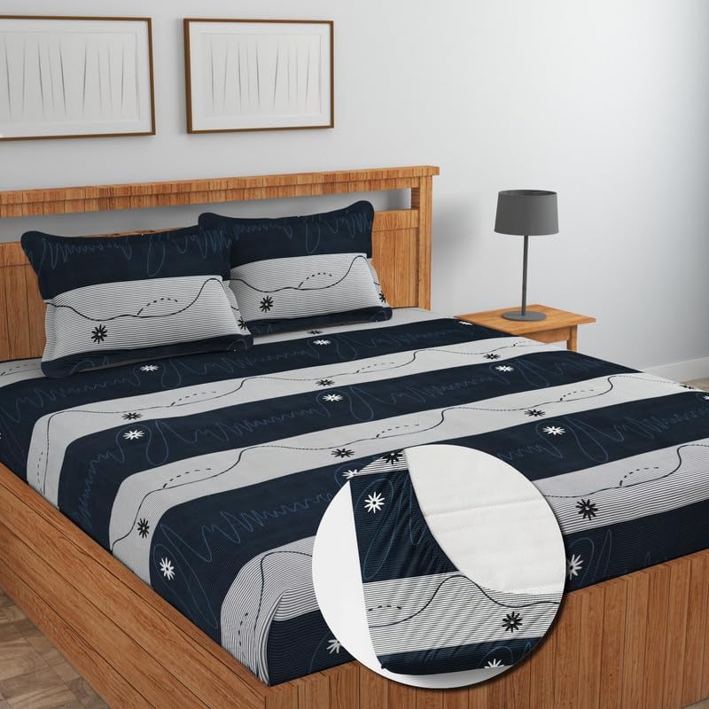 Image of Premium Cotton Fitted Bedsheet King Size 78 x 72 x 8 Inches with 2 Pillow Covers | 220 TC | All-Around Elastic Deep Pocket Bed Cover | Navy Blue Grey Wave Stripe