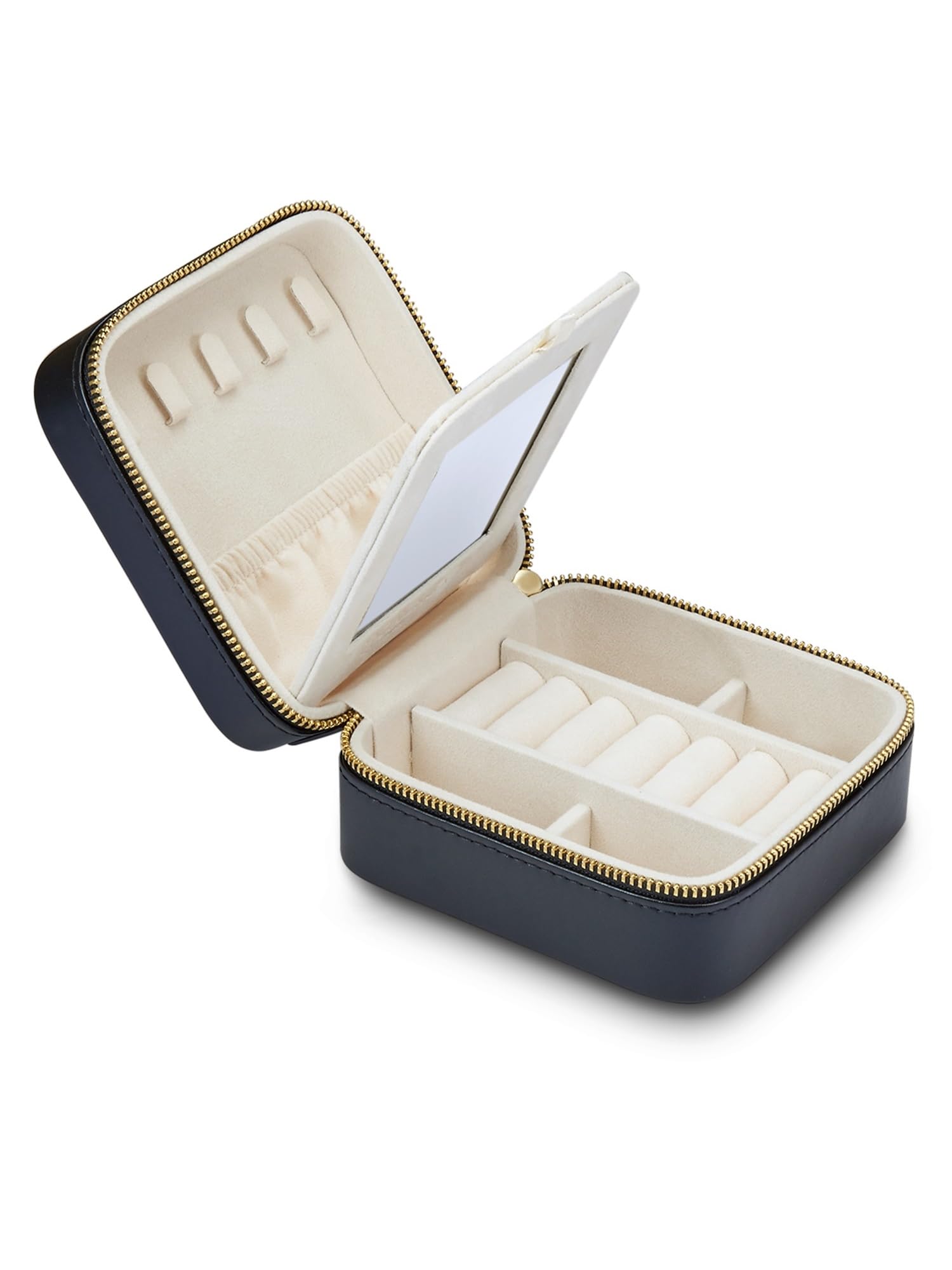 GLANZSTÜCKE MÜNCHEN Schmuck-Reisetäschchen Kunstleder schwarz 11,5 x 11,5 x 5,8 cm Samt creme - Schmucketui Schmuckschatulle