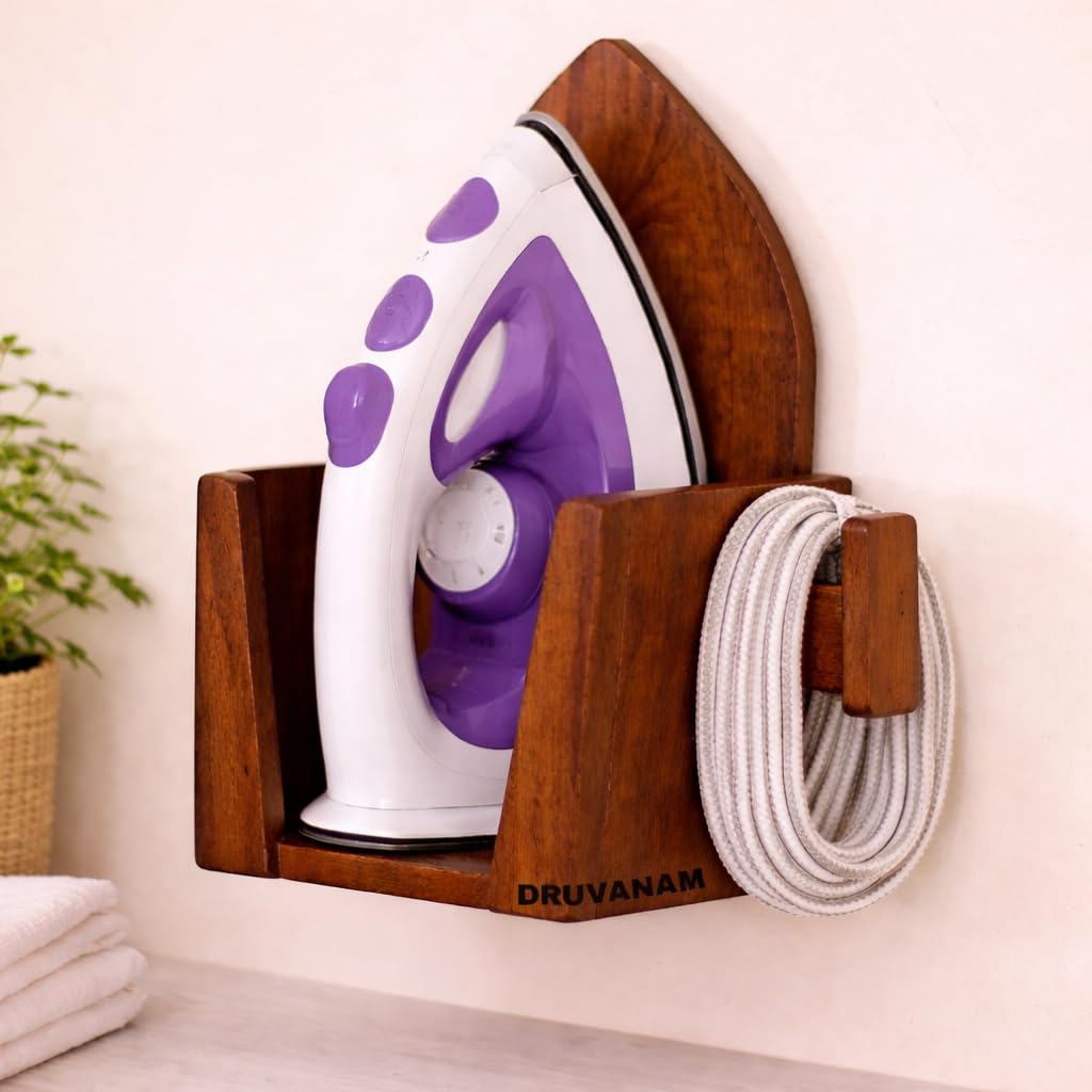 Wall Mounted Iron Holder Organizer | Wooden Iron Stand | Iron Box Holder for Home | Size 21 x 16 x 29 cm | Space Saving Storage Rack (Walnut Finish)-image-43