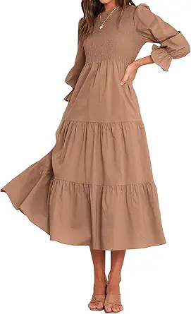 BTFBM Women Casual Long Sleeve Crew Neck Fall Dress Bohemian Relaxed Fit Floral Flowy Maxi Dresses Tiered Cocktail Dress