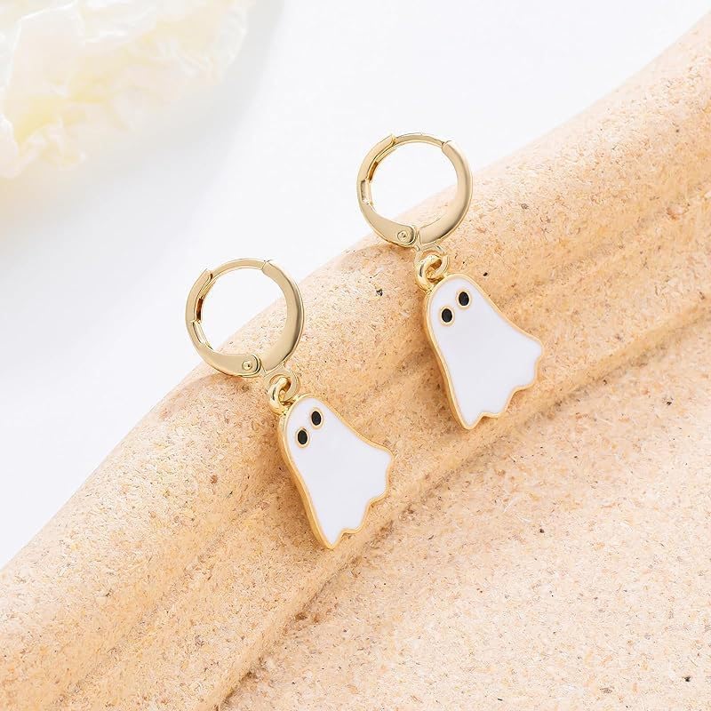 MALOYANVE Halloween Ghost Earrings for Women Gold Huggie and Black White Drop Earring Cute Funny Halloween Holiday Jewelry Gifts - Image 2