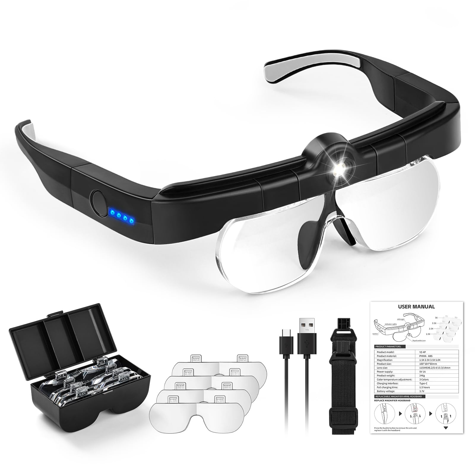 NZQXJXZ Lupenbrille mit Licht LED Kopfbandlupe USB Charge, 3 Einstellbare Farbtemperaturen, Kopflupe für Juweliere, Lesen, Ältere Menschen, 4 Linsen (1.5X bis 5X), Schwarz