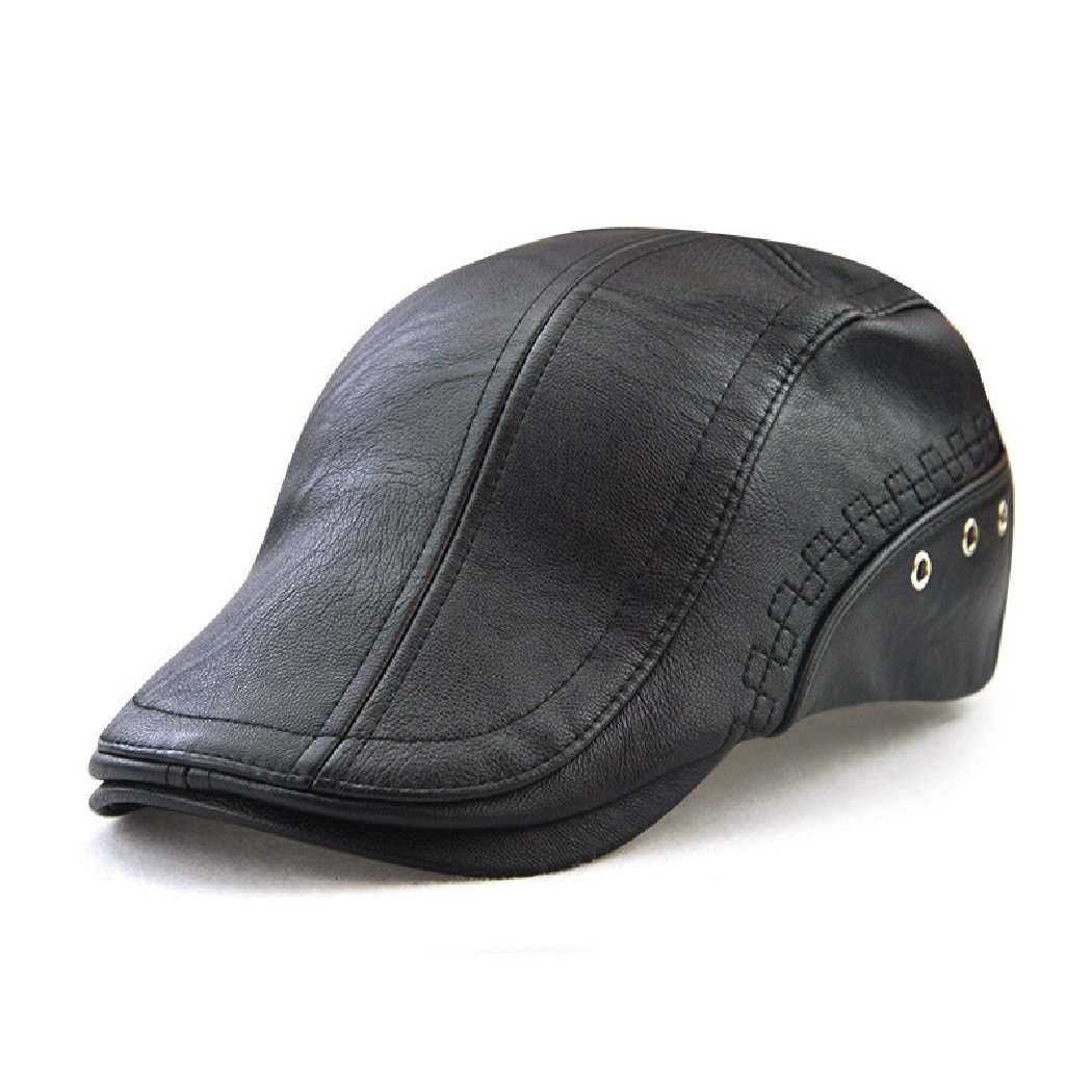 Men's Classic Artificial Leather Visor Cap Beret Newsboy Hat Black