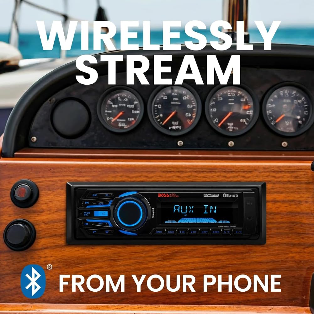 ZESTAW DO BOSS AUDIO SYSTEMS MR1308UABK, Radio single DIN, odbiornik AM/FM, stereo, AUX/USB/MP3, z Bluetooth, morskie, do łodzi i pontonów, czarne, 1 sztuka + akcesoria gratis