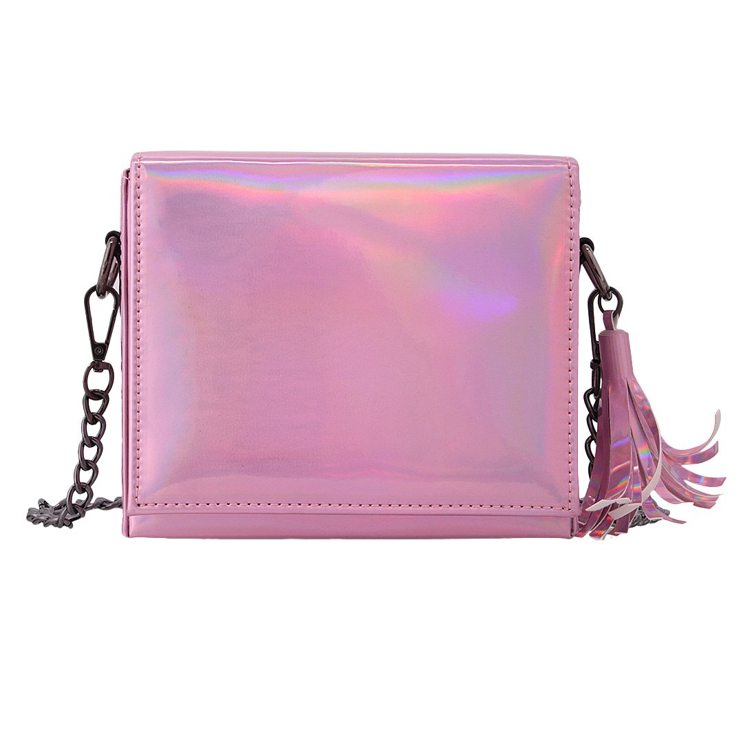 Candice Women Shiny Hologram Holographic Tassel Handbag Shoulder Bag Crossbody Bag Purse(Pink)