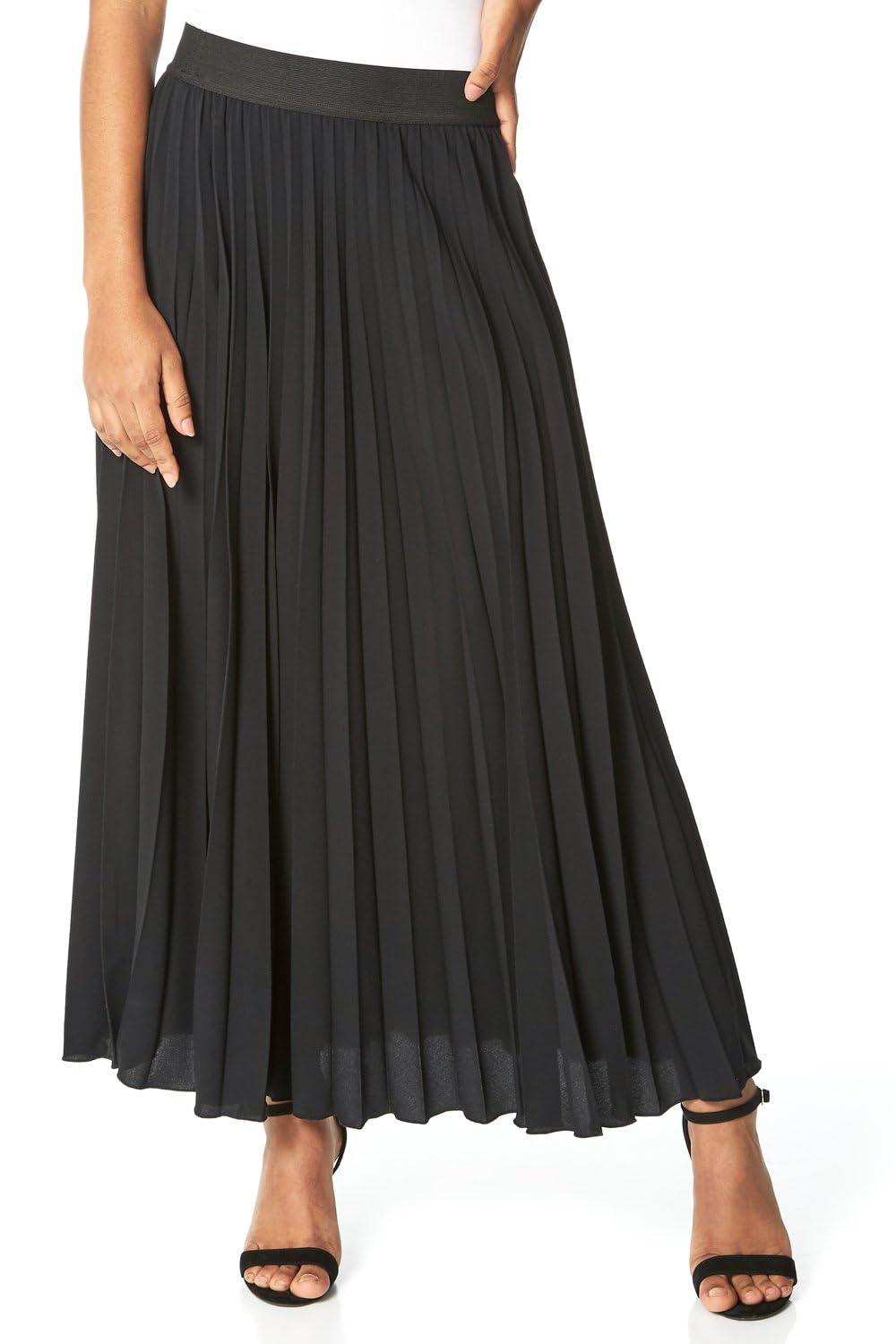 Roman Originals Women's Black Pleated Skirt For Uk Maxi Midi Crinkle Summer Smart Casual Evening Special Occasion Elasticated Waistband Party Holiday Long Crepe - Size 14