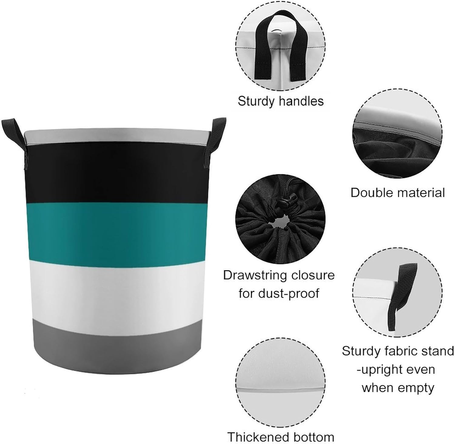 Large Laundry Hamper Bag, Teal, Gray, Black, and White Stripe Collapsible Laundry Basket with Drawstring Dirty Clothes Organizer Washing Bin for Family Essentials Storage