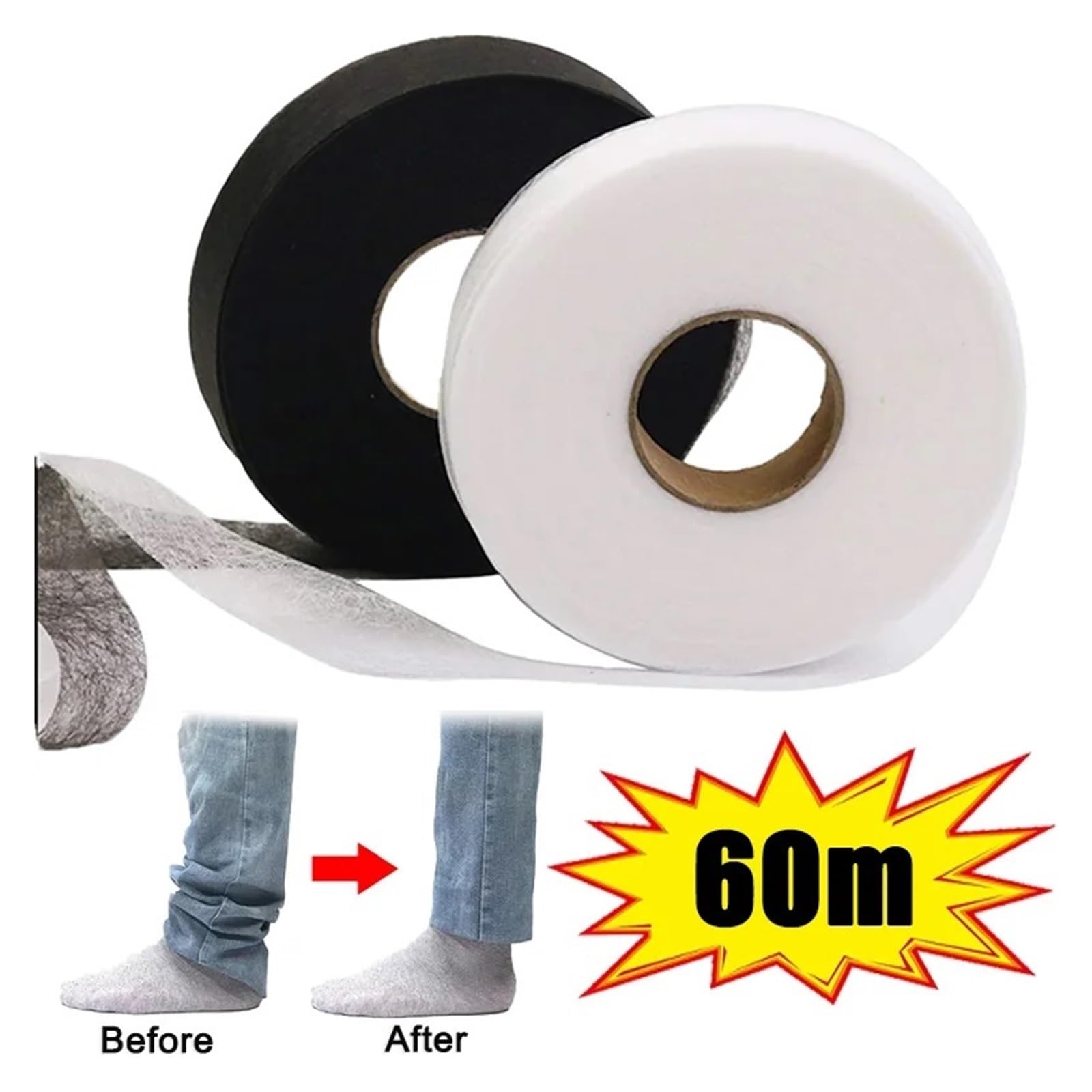Säumband Bügelband zum Bügeln, 60M Hosen Selbstklebendes Kantenkürzklebeband DIY Jean Kleidung Länge kürzen Werkzeuge for Haushalt Nähzubehör Saumband(White,2cmx60m)