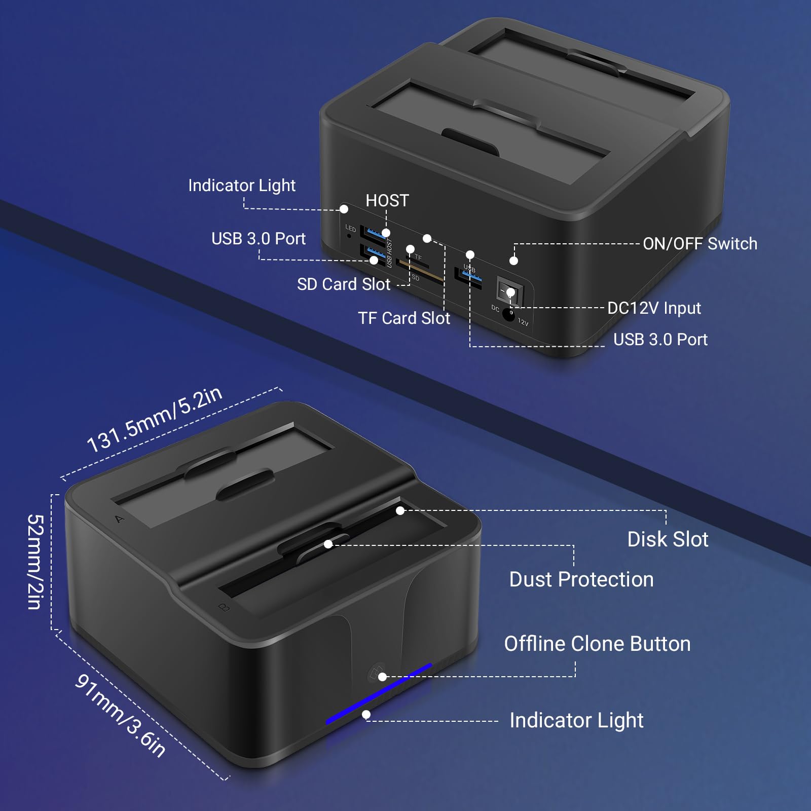 HDD Docking Station, USB3.0 Station d'accueil pour Disque Dur pour 2,5 et 3,5 Pouces SATA HDD/SSD, 32 to avec Lecteur de Cartes SD/TF, Double Baie, Prise en Charge de Clone Hors Ligne,UASP