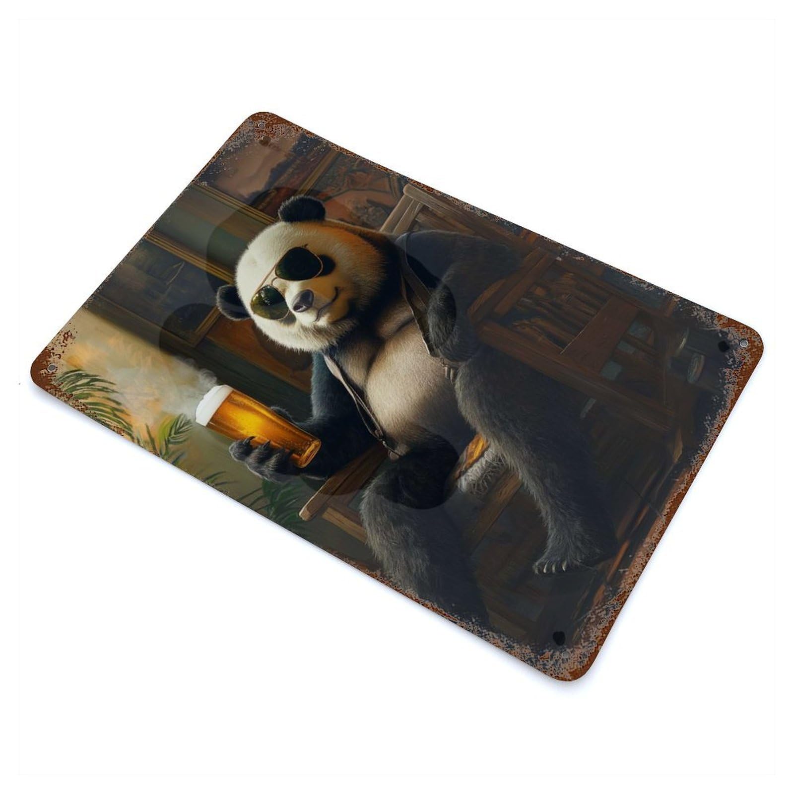 Garage Style Panda Bear Relaxing with Beer Rusty Metal Tin Sign 11.8"x7.9", Farmhouse Wall Decor for Bar And Workshop
