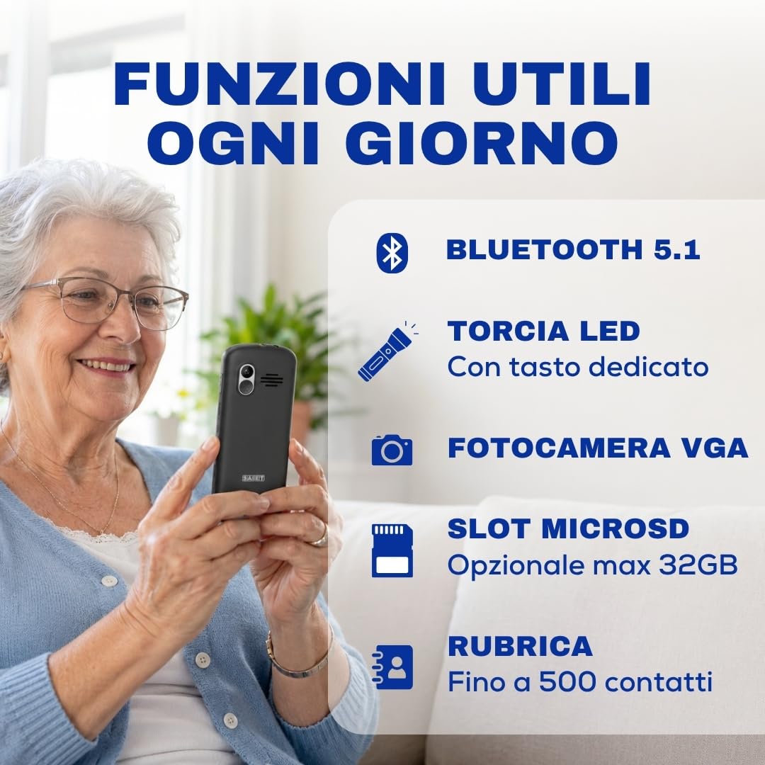 SAIET Next 4G Cellulare per Anziani con SOS, Tasti Grandi e Audio Forte | Telefono 4G VoLTE con Tasto SOS a 5 Numeri, Foto Contatti e Base di Ricarica, Display 2.2 a Caratteri Grandi - Nero