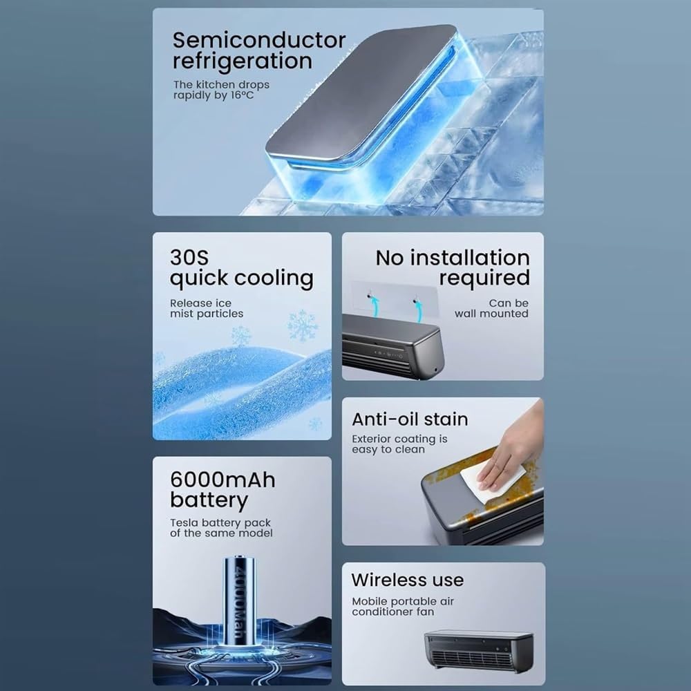 Enfriador De Aire Portátil De Pared Para Cocina Y Dormitorio, Ventilador De Refrigeración Sin Necesidad De Taladrar, Enfriamiento Instantáneo, Aire Acondicionado Con Carga Inalámbrica, Ideal Para