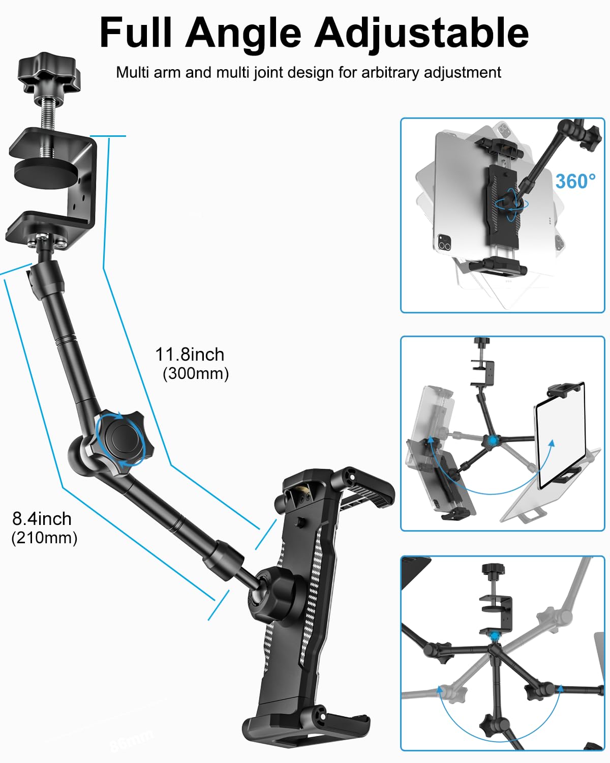 Supporto per tablet da cucina – [braccio regolabile in metallo] supporto per tablet da scrivania da letto con morsetto grande profondità 3,2 cm per iPad Pro 13 Air Mini, Galaxy, Fire, Switch, iPhone,
