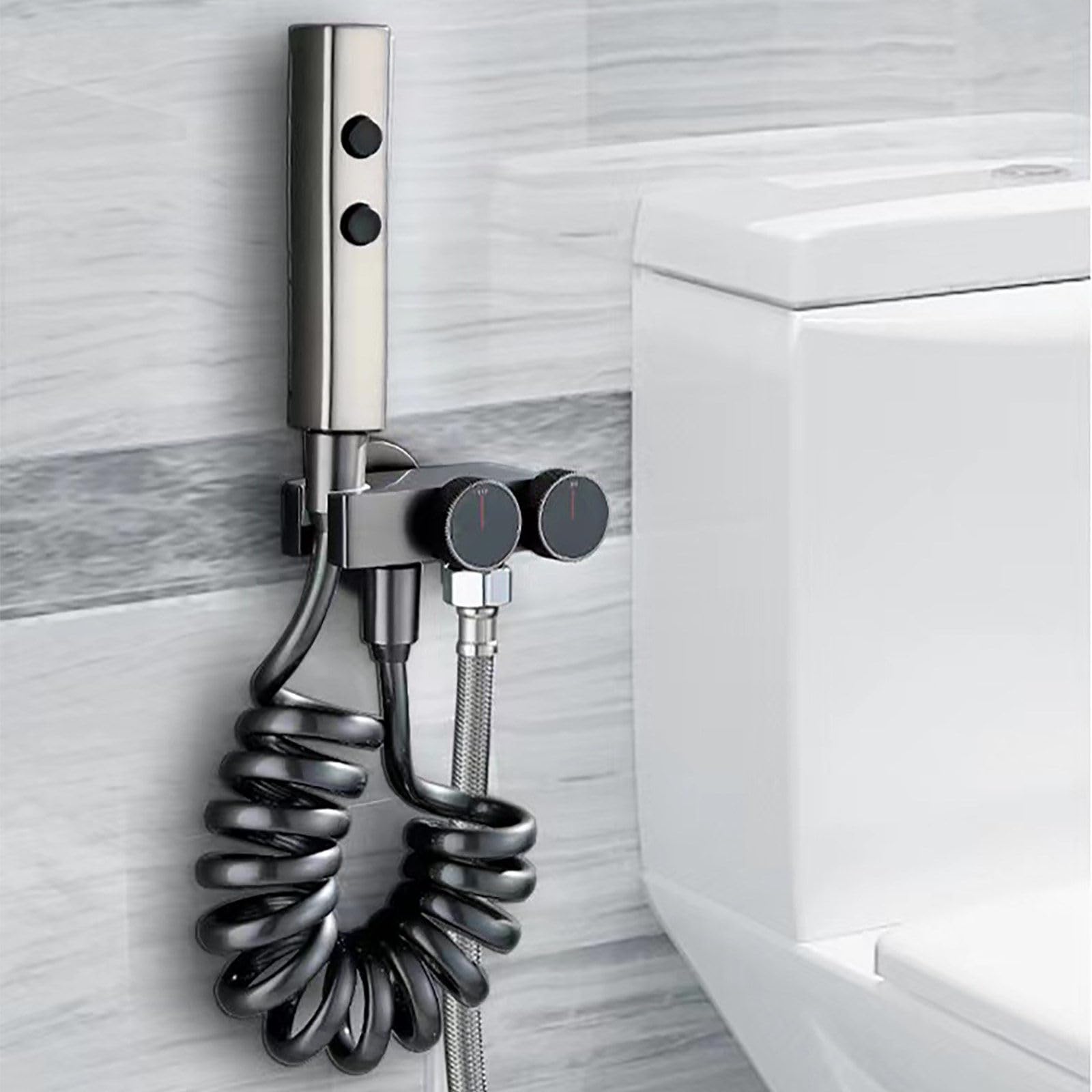 Billg Kit Douchette WC, Pulvérisateur de Baignoire Portatif pour Toilettes, Pomme de Douche Toilette avec Tuyau Adaptateurs G1/2" Kit Hygiene WC en Laiton, Gris
