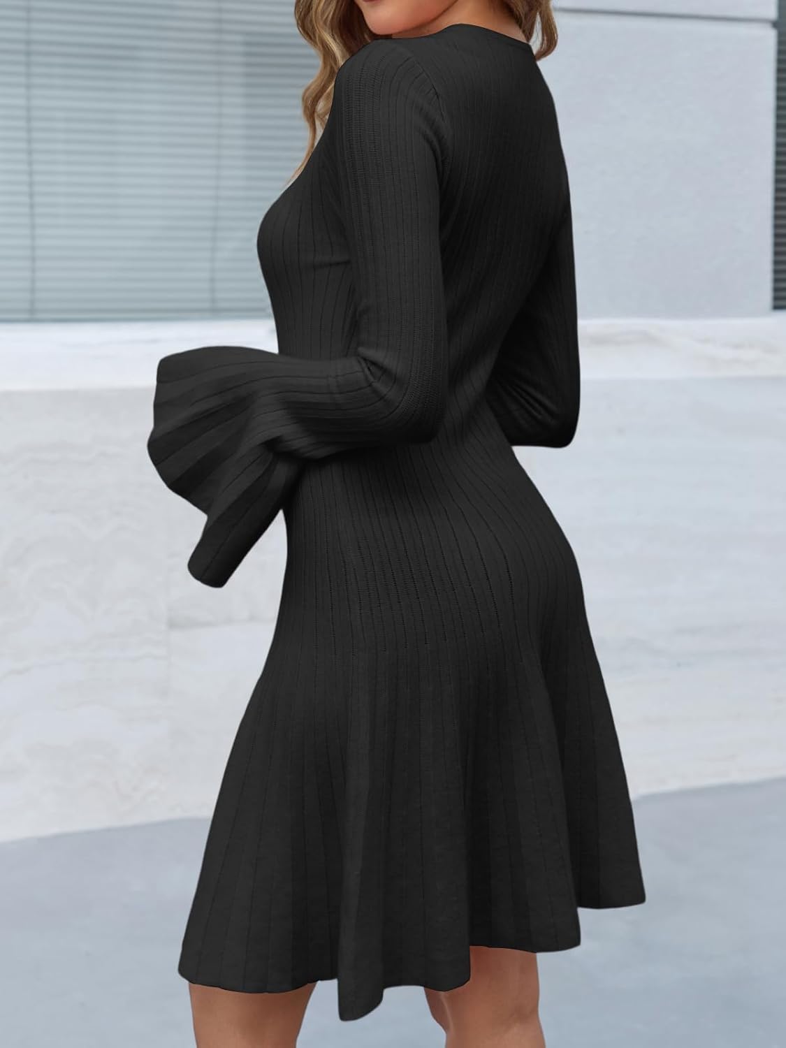 Saodimallsu Womens Long Bell Sleeve Mini Knit Dress Flowy A Line Pleated Bodycon Crew Neck Elegant Short Sweater Dresses - Image 5