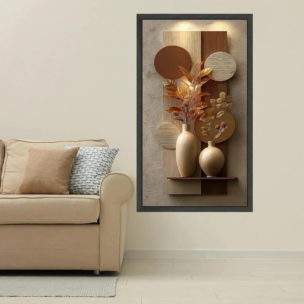 GOSRD Elegant Beige and Brown Vases Canvas Painting Wall Art Abstract Botanical Still Life Floral Decor, Modern Home Decoration(55X110cm)