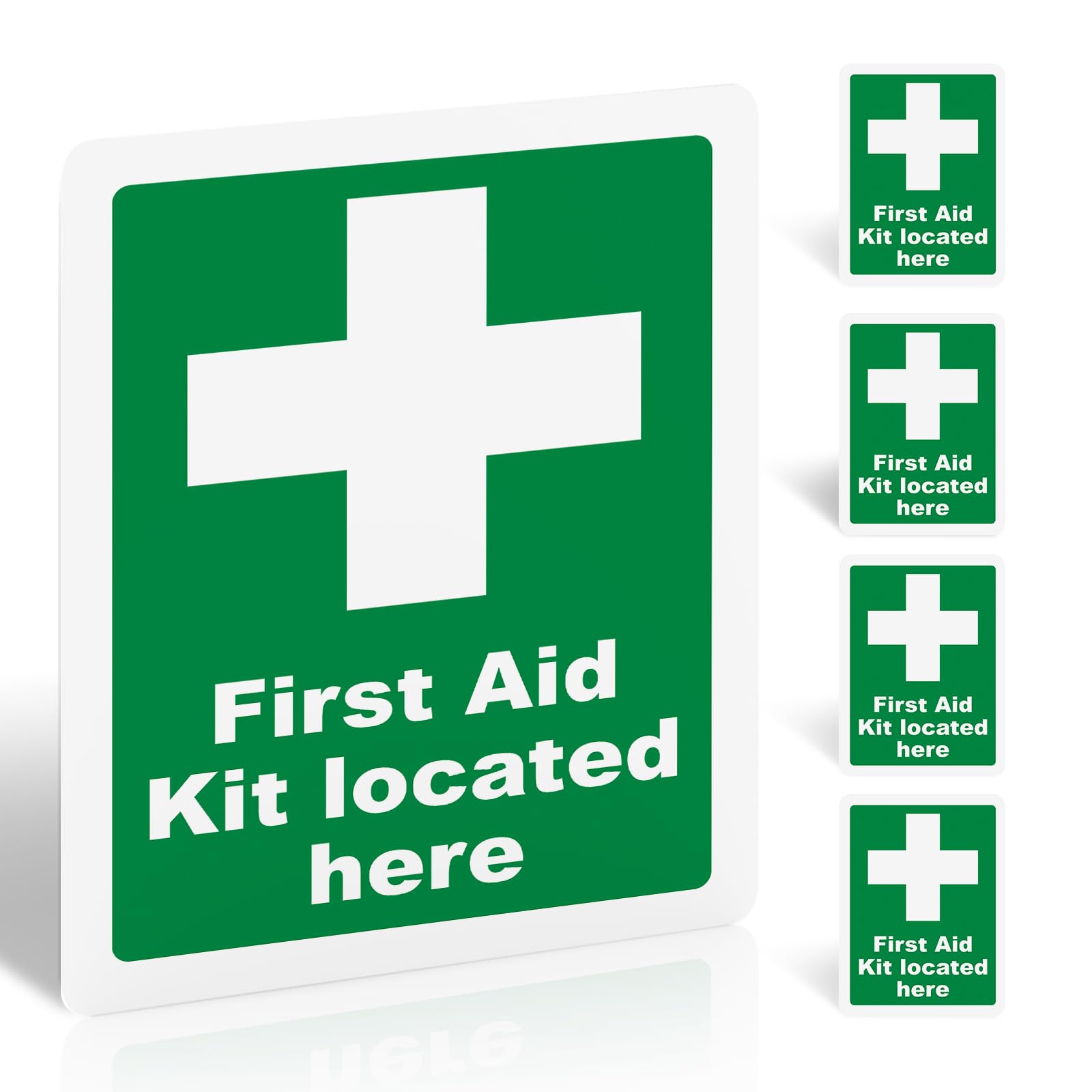5 Pack First Aid Kit Located Here Sign 200mm x 150mm – Self-Adhesive Vinyl Safety Stickers for Indoor Outdoor Use, UV Matte Finish, BS 5499 Compliant Emergency Labels