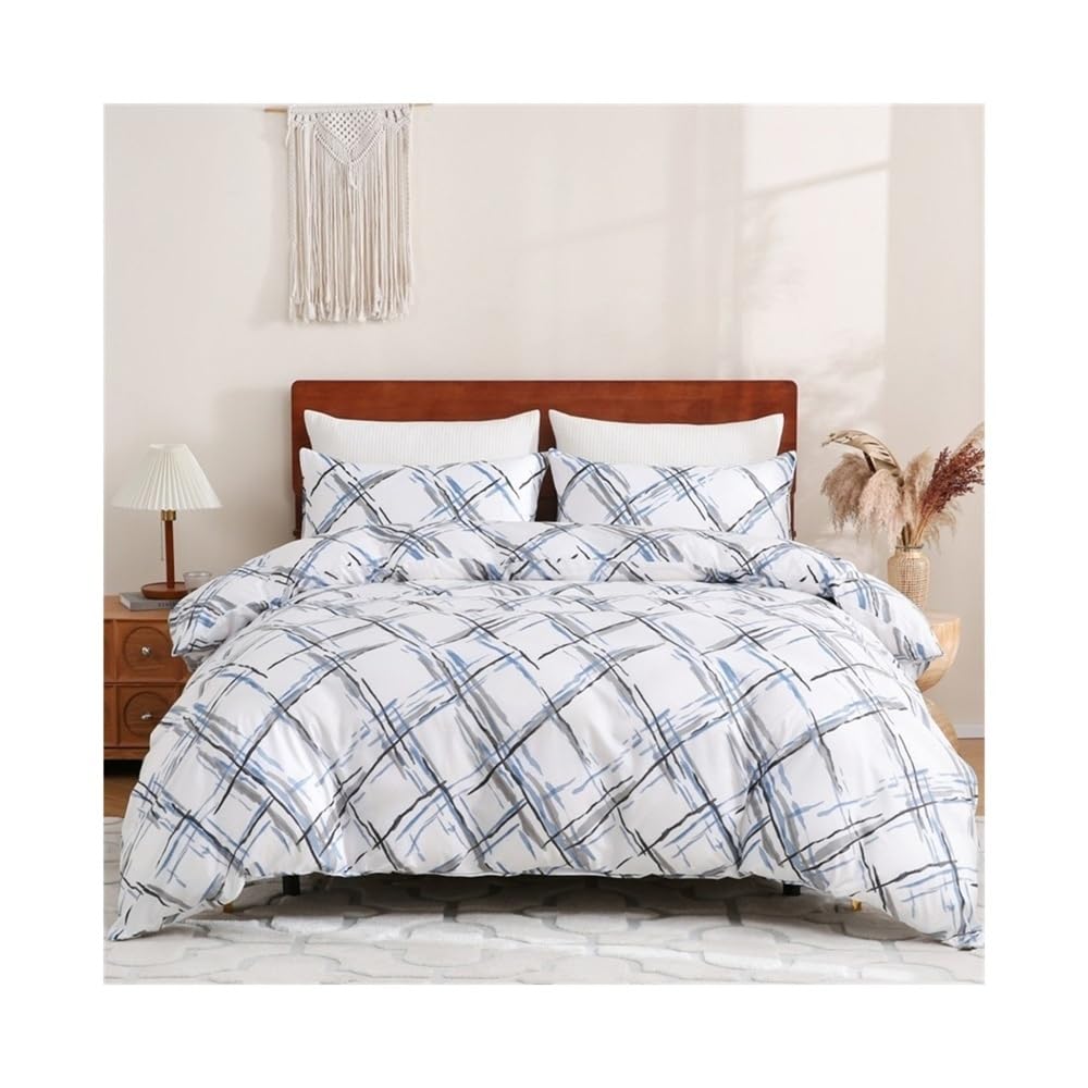VHKJewE Grey Blue Plaid Duvet Cover Set 2/3-Piece Modern Soft Reversible Geometric Diamond Grid Bedding Set(US Queen(229x229cm))
