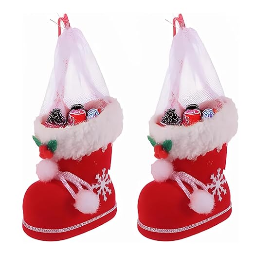 TOYANDONA 2PCS Christmas Candy Boots with Pom Pom Holiday Cnady Gift Bag Christmas Tree Ornament Christmas Stocking Mini Santa Boots for Fireplace