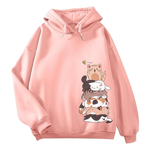 Tuislay Cute Cat Graphic Hoodies for Teen Girls Kawaii Cartoon