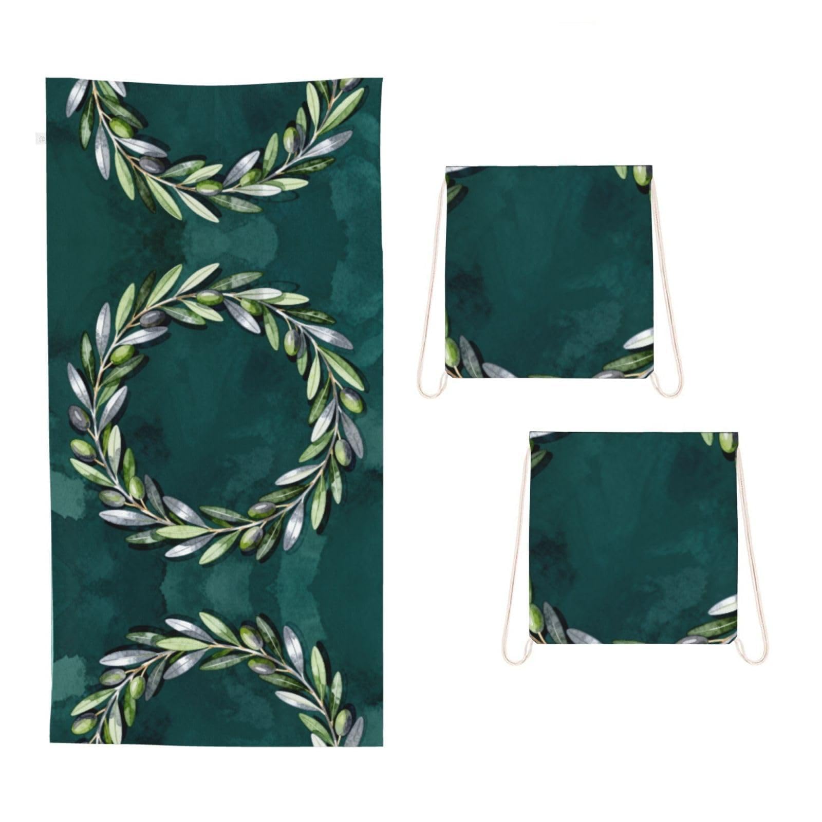 CNTDBU Olive Branch Wreath 2 in 1 Packable Towel Bag-Large Beach Towel with Stuff Sack, Super Absorbent Microfiber Travel Towel for Pool