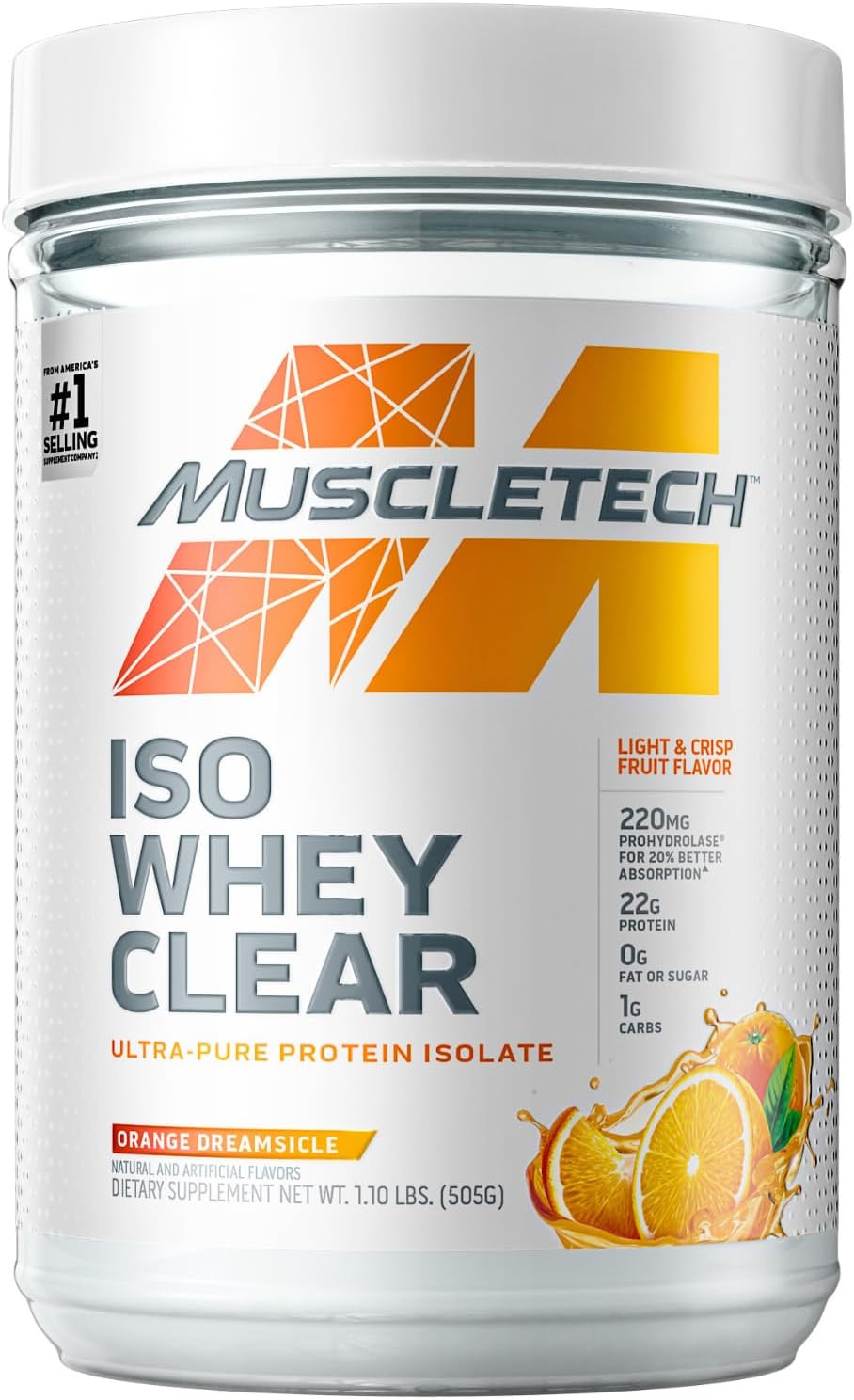 ISO Whey Clear Ultra-Pure Protein Isolate Powder Prohydrolase 20% Better Absorption Improves Gut Health & Digestion - 22g Protein, 1g Carbs & 0 Fat or Sugar, Orange Dreamsicle, 1.10 lbs