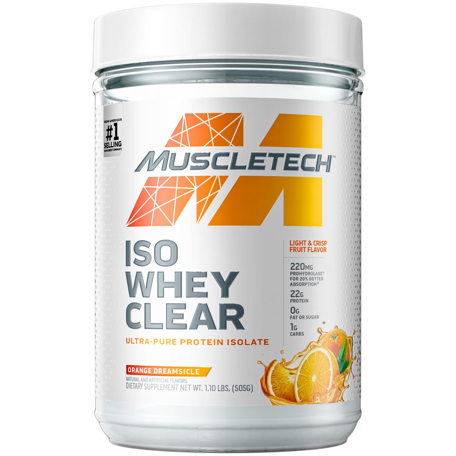 Muscletech ISO Whey Clear Ultra-Pure Protein Isolate Powder Prohydrolase 20% Better Absorption Improves Gut Health & Digestion - 22g Protein, 1g Carbs & 0 Fat or Sugar, Orange Dreamsicle, 1.10 lbs