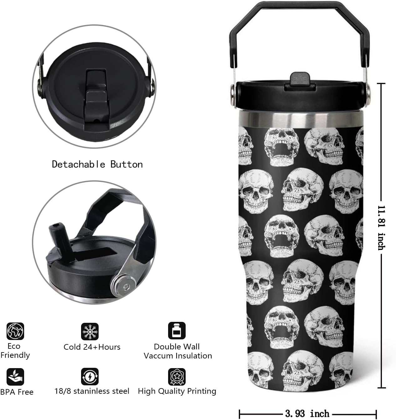 30 oz Skull Flip Tumbler with lid and Straw,Skull CoffeeTravel Mug Cup Water Botter,Skull Gifts for Women,Goth Stuff Decor Accessories - Image 2