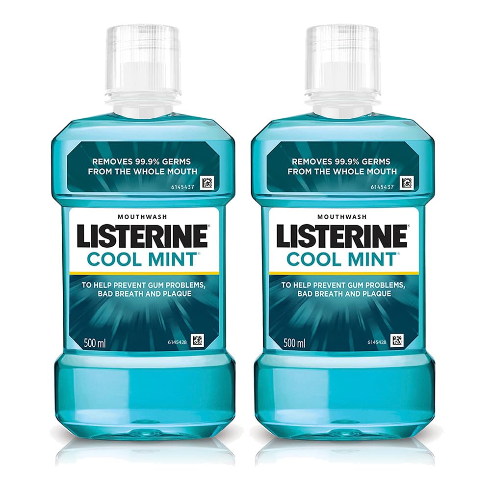 Listerine Cool Mint Mouthwash, Pack of 2x500ml, Mouth Freshener from Listerine for a Fresh Healthy Breath, 24 Hour Protection Against Plaque, Refreshing Sensation, for a Healthier Mouth