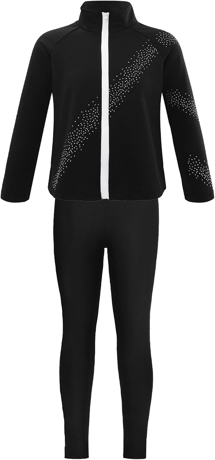 Hularka Kids Girls Long Sleeve Figure Ice Skating Jacket Tops with Practice Training Leggings Pants Set Tracksuit