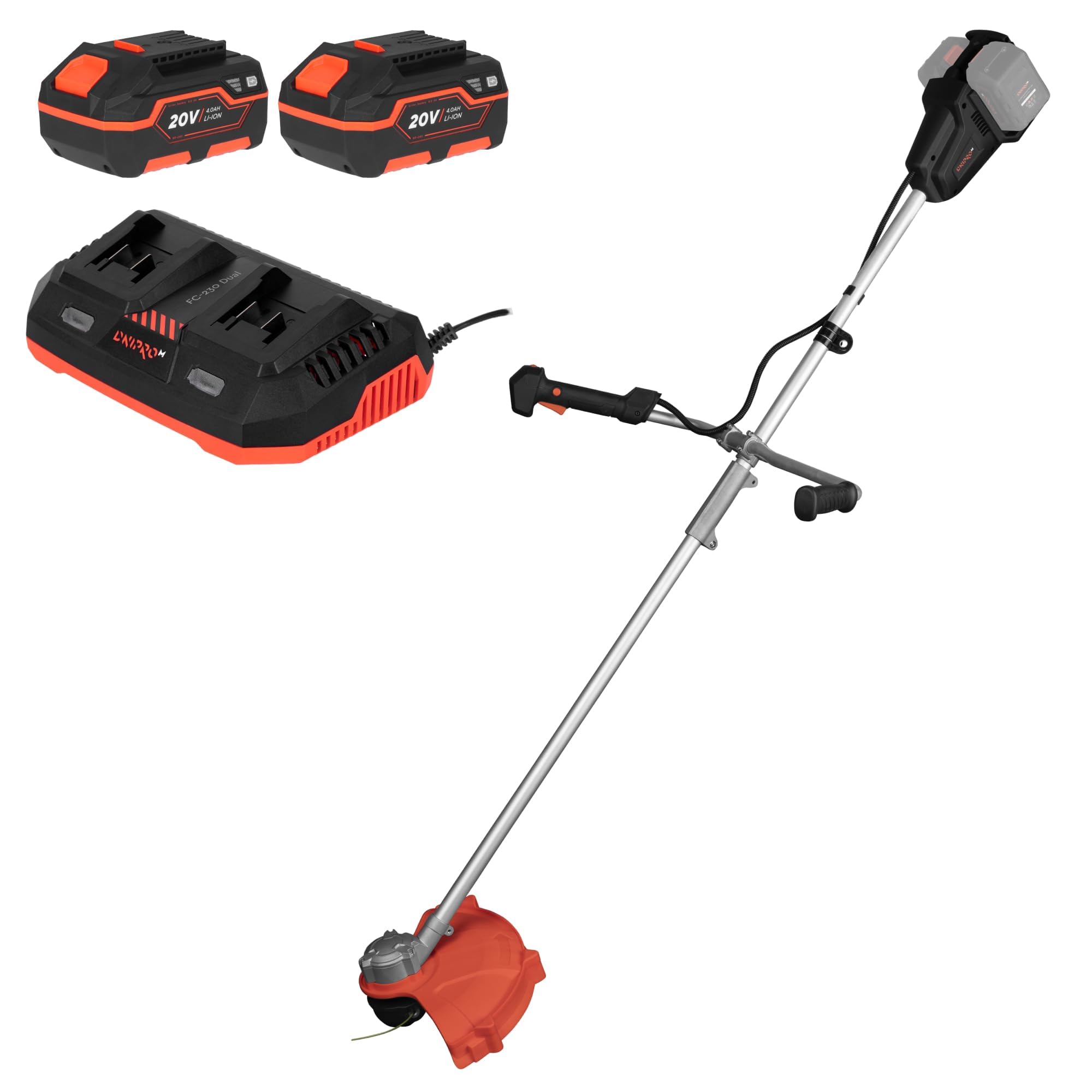 Desbrozadora Inalámbrica DTC-200BC Dual 2x20V - Cortabordes a Batería con Corte 350 mm y Cuchilla 3T 255 mm, 7000 RPM y Función Reversa - Kit Que Incluye 2 Baterías 4Ah y Cargador Dual - por Dnipro-M