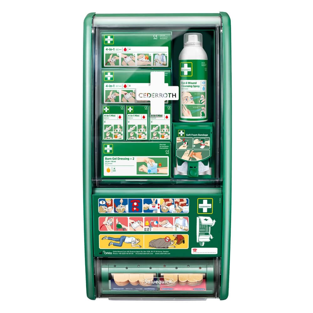 CEDERROTH Erste-Hilfe-Station First Aid, mit Füllung, grün, 29 x 12 x 56 cm aus Kunststoff, Art.-Nr. 51011026 | Erste Hilfe Schrank | Verbandsschrank | Sanitätswandschrank