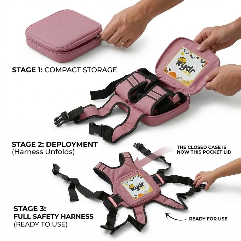 Image of RYDR Premium Motorcycle Safety Harness for Kids (2-12 Years) Adjustable Two-Wheeler Safety Belt for Child Rider with Reflective Strip & Storage Pocket (Pink, with Pocket)