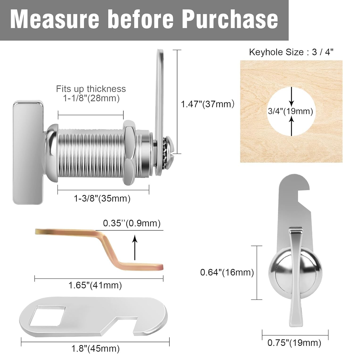 1-3/8" Thumb Operated Cam Locks, 10Pcs RV Thumb Locks for Storage Door, Compartment Door, Keyless Non-Locking Locks Fits on Camper, Vehicles, Files Drawers (1-3/8 Inch 10Pcs)