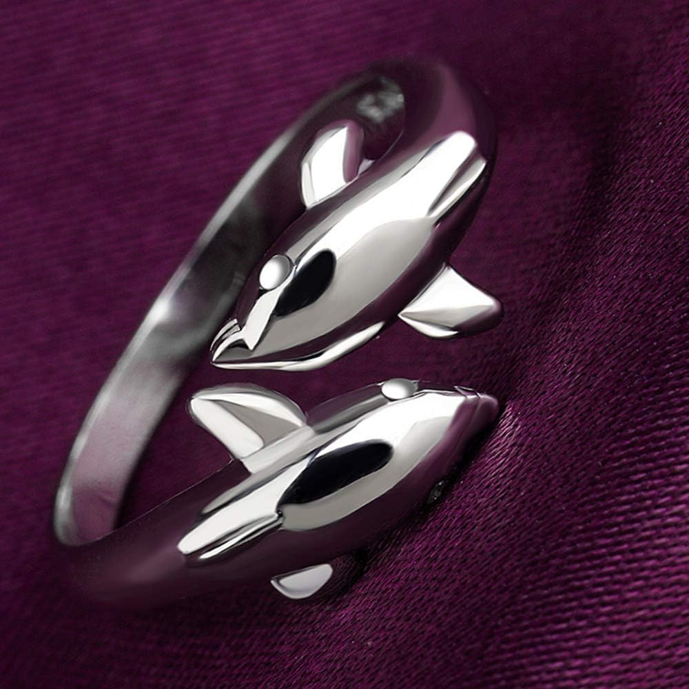 Kokoma Double Dolphins Ring 925 Sterling Silver Adjustable Statement Rings Open Wrap Thumb Finger Band Promise Rings for Women - Image 3