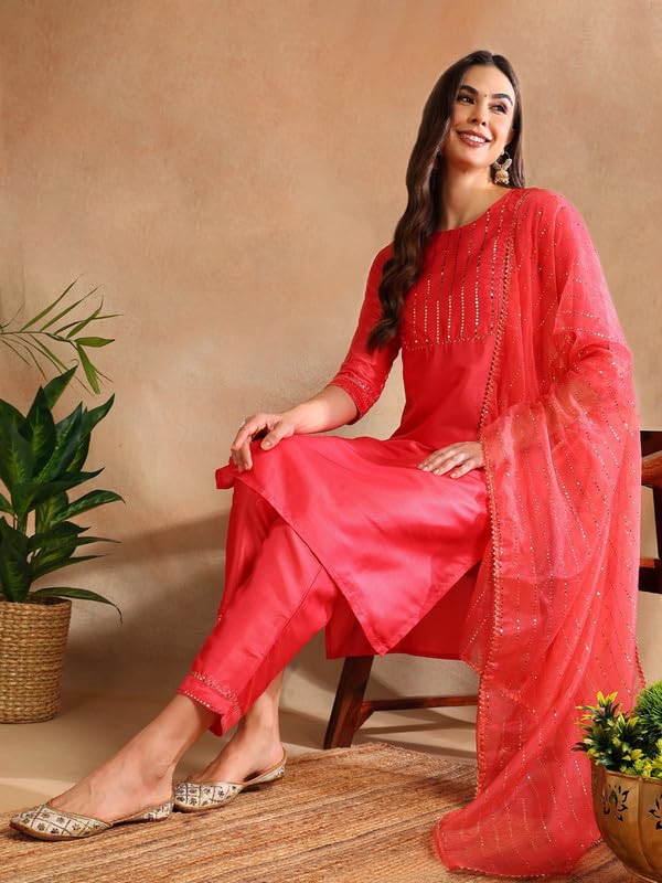 Image of Vaamsi Women's Poly Silk Embellished Solid Straight Kurta Pant with Dupatta