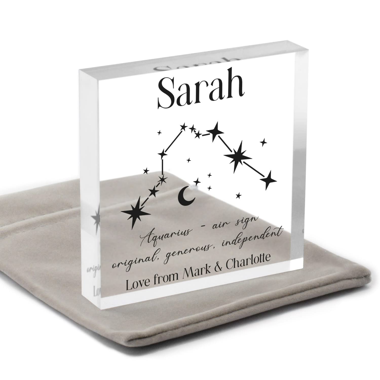 Personalised Star Sign Horoscope Gifts, Aquarius Star Sign Gift, January February Birthday, Zodiac Constellation Gift, Birth Month Gift For Women Her, With Grey Bag