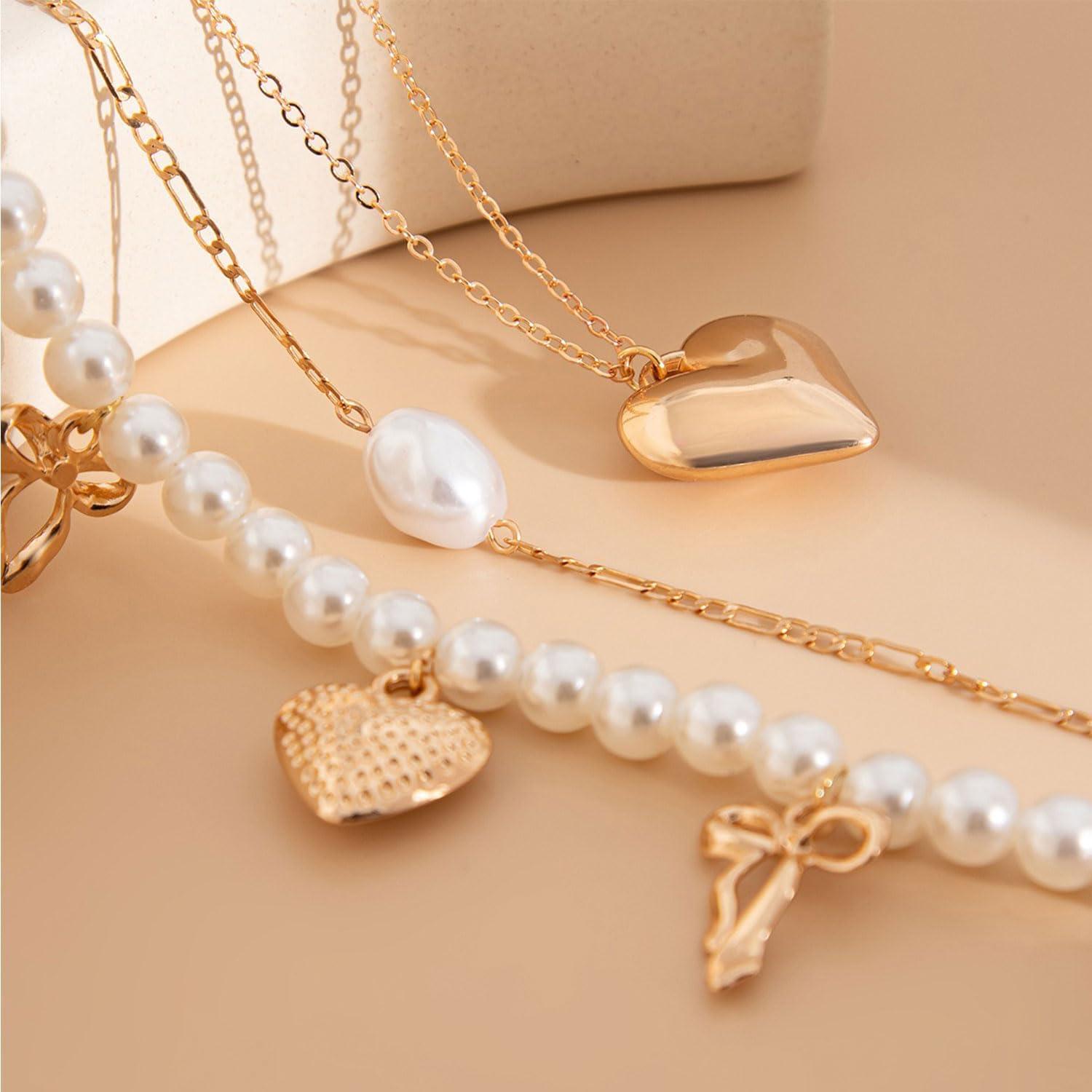 Gold Heart Necklace for Women Pearl Heart Bow Charm Necklace Chunky Heart Necklaces Layered Hearts Necklaces Trendy Jewelry Gifts for Women - Image 6