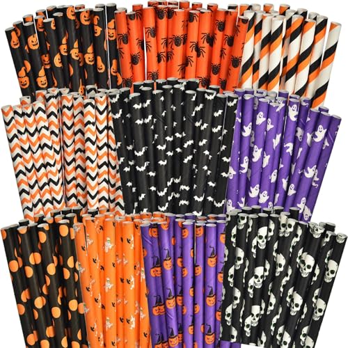 ALINK 100 Counts Halloween Paper Straws, 10 Styles Black White Orange Purple Biodegradable Party Drinking Straws with Stripe, Wave, Dots, Skull Head, Ghost, Bats, Pumpkin, Spider Design