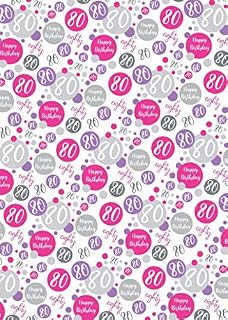 2 Sheets 80th Birthday Wrapping Paper Age 80 Birthday Gift Wrap Female Pink, Lilac and White (PA)