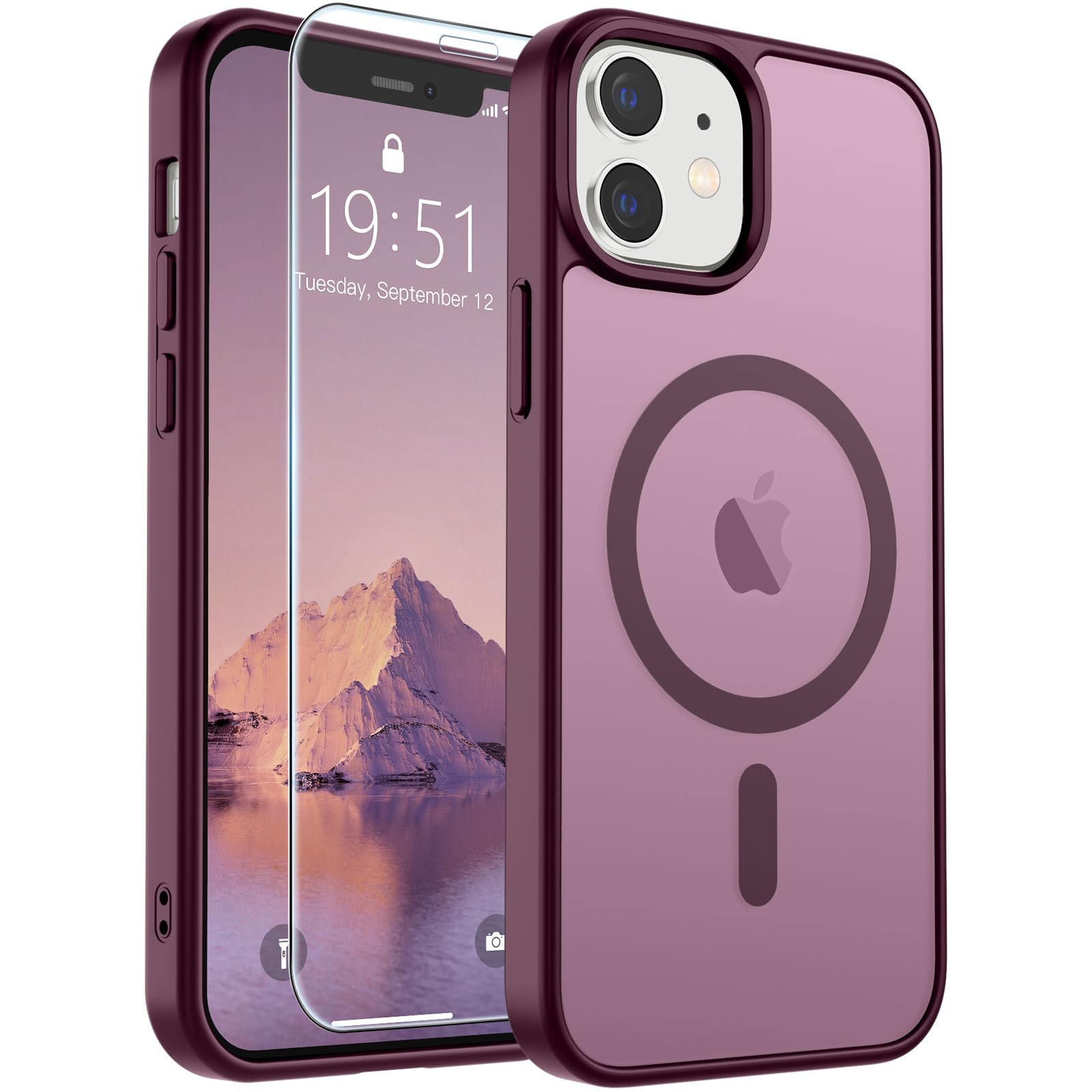 SUPFINE Magnetic for iPhone 12 Case/iPhone 12 Pro Case Wine Red | With Screen Protector, Translucent Matte, Compatible with MagSafe, Military Grade Drop Proof, Rugged Shockproof Protective