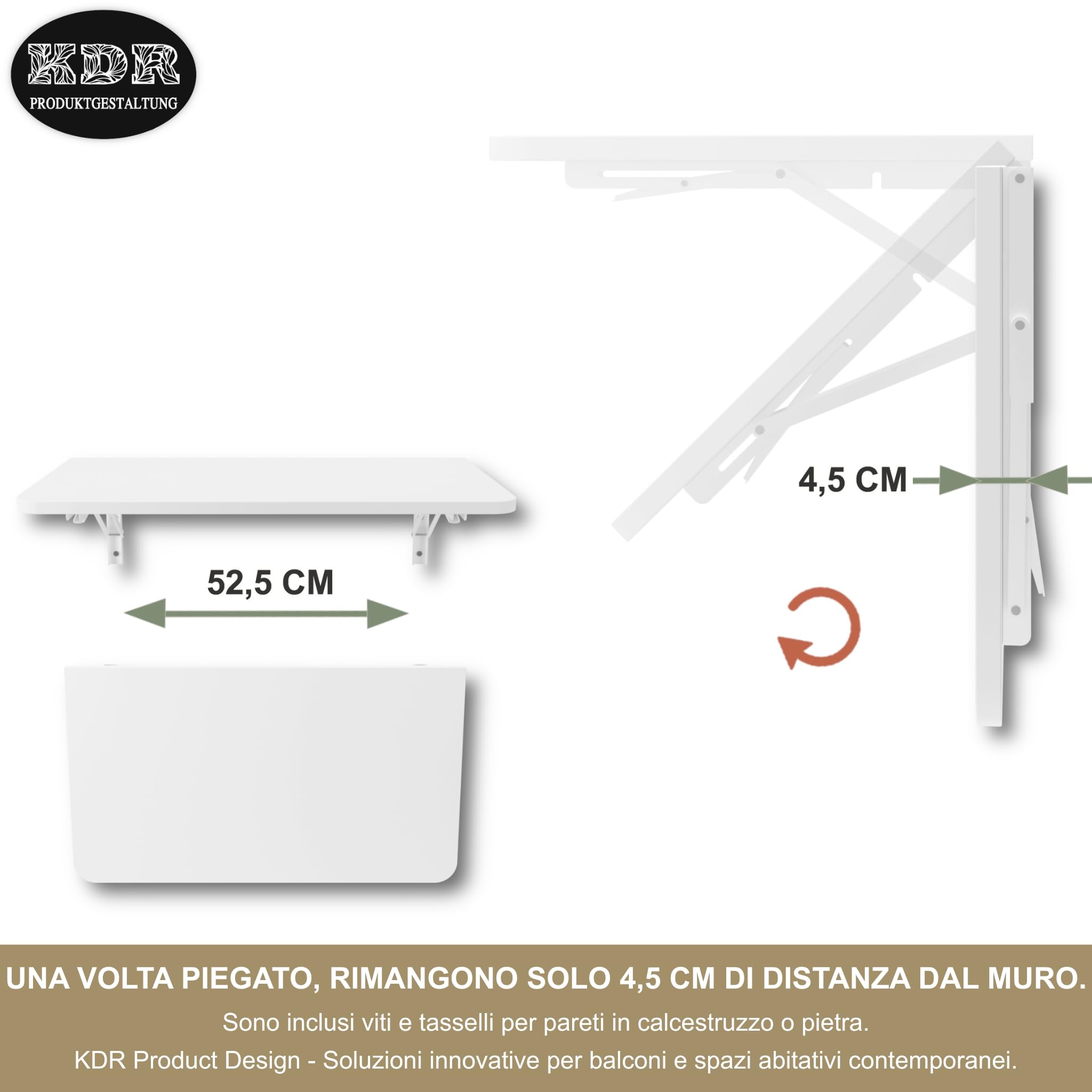 KDR Tavolo pieghevole da parete 70 x 40 cm – tavolo salvaspazio pieghevole per montaggio a parete, tavolo da muro come scrivania, tavolo da pranzo o tavolo da cucina (Bianco, 70x40 cm)