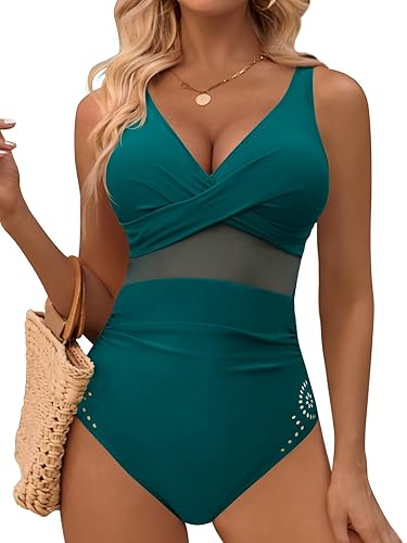 Womens One Piece Swimsuit Petal Hollow Curvy Mesh Tummy Control