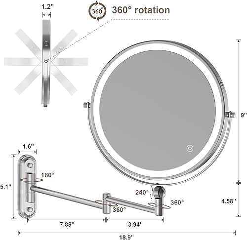 Miniatura 5 de Espejo de maquillaje iluminado con base estrecha de dos dedos de ancho, recargable montado en la pared, 3 luces de color, pantalla táctil regulable,