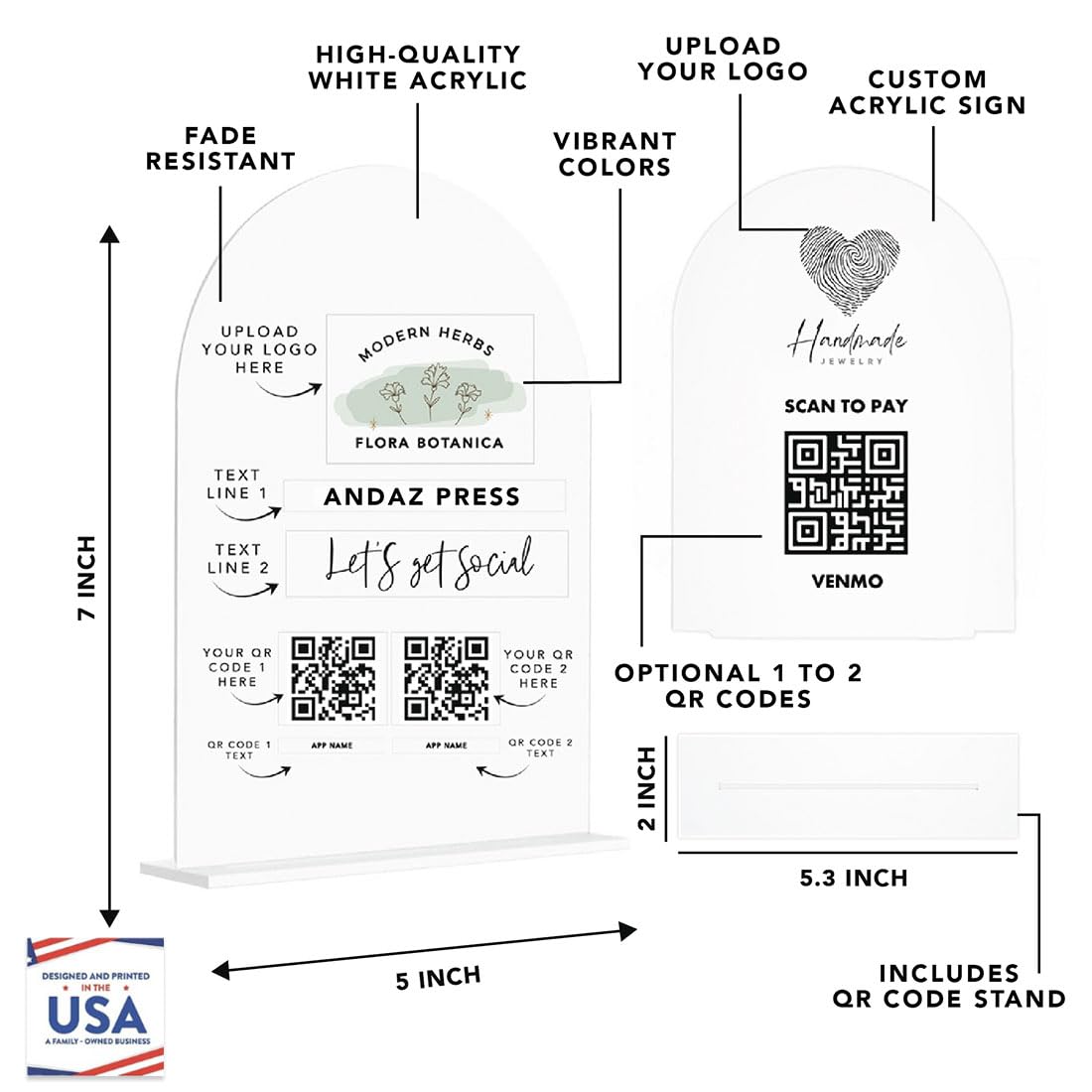 Andaz Press Custom QR Code Sign with Logo for Pop Up Shop, Vendor Booth Display Items, Acrylic Scan To Pay QR Code Sign for Business Personalized Scan QR Code Display Signs for Social Media with Stand