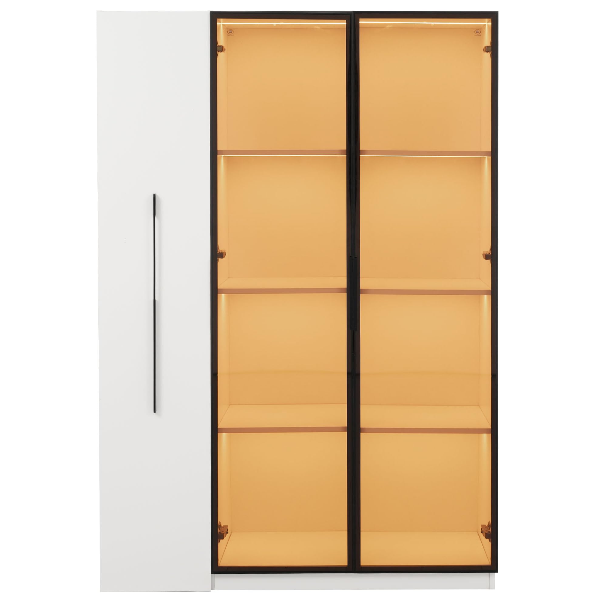 Merax Vitrina de 110,5 × 35 × 160 cm, armario multifunción con puerta de cristal e iluminación LED, cajón lateral con espacio de almacenamiento, armario alto de estilo francés, adecuado como