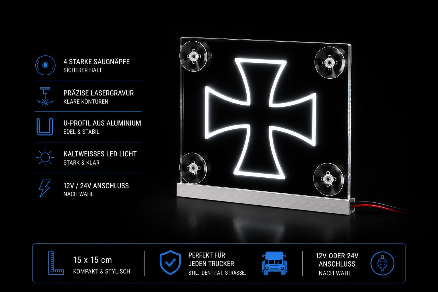 LKW Zubehör Innenraum – LED Leuchtschild 24V / 12V Namensschild mit Eisenkreuz Design – Helle Beleuchtung & Dekoration für LKW Fahrer