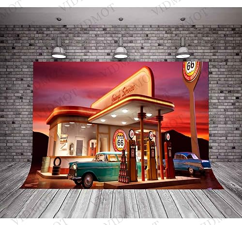 Miniatura 2 de Telón de fondo de los años 50 para fiesta de baño, ruta 66, gasolinera, fondo de fotografía de automóvil vintage, 10 x 7 pies, pancarta de
