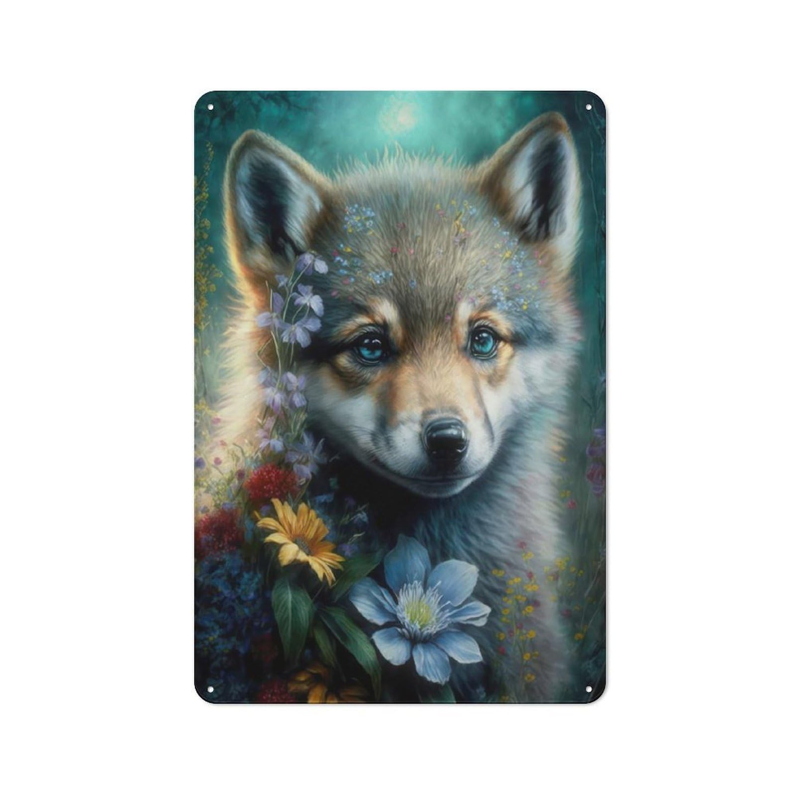 Junmoney Style-14 Baby Wolf With Flowers Workshop Style Metal Wall Decor 30X20cm, Decorative Metal Plaque For Garage, Hobby Room, Office Or Man Cave